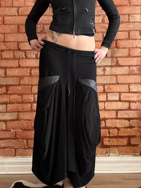 Y2K Black Draped Midi Skirt Asymmetrical Minimal Goth Utility (S) - Picture 3 of 8